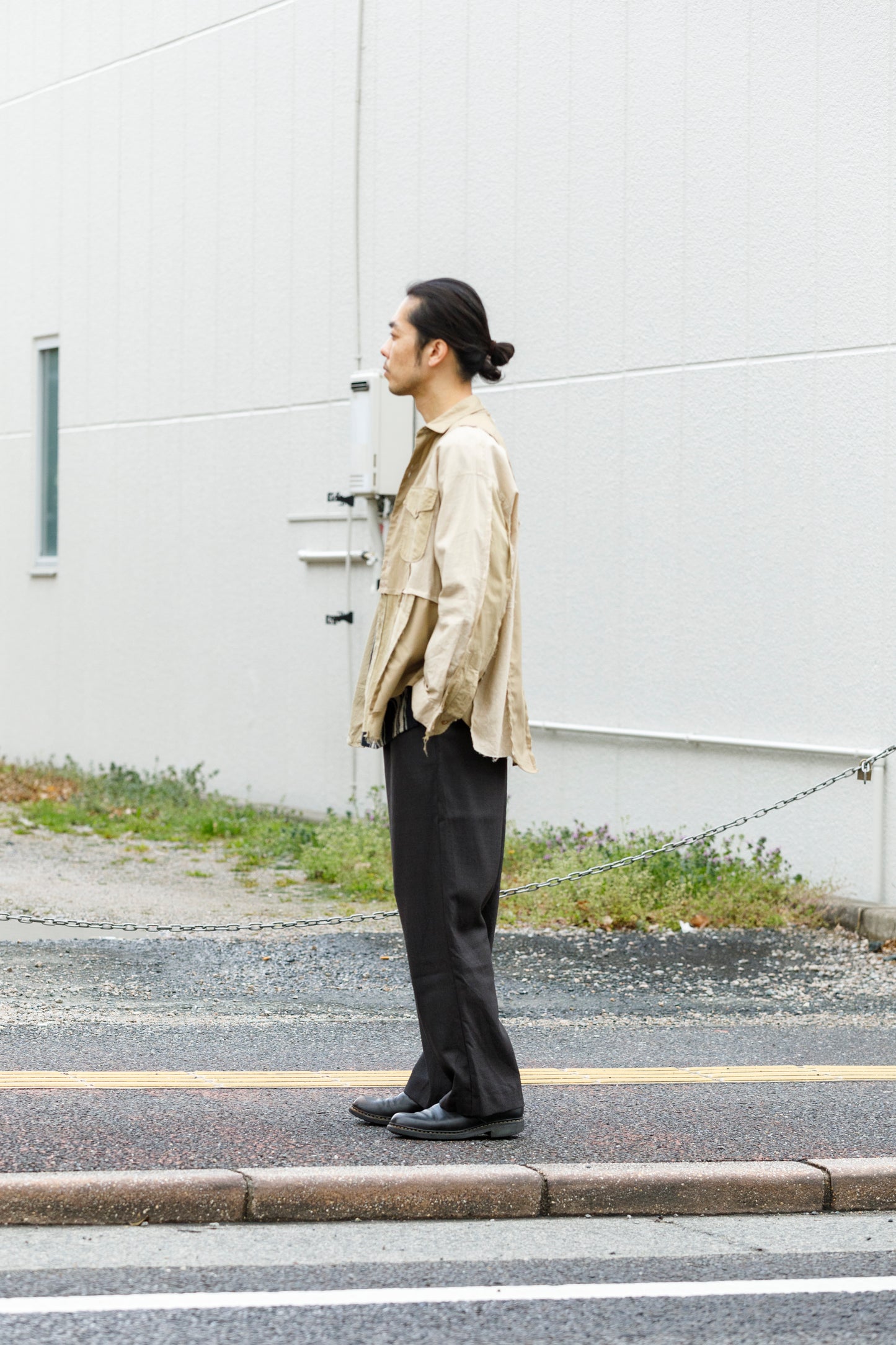 山内 25169-wa / ウールメッシュクロス・パジャマパンツ - charcoal brown(洗い加工)