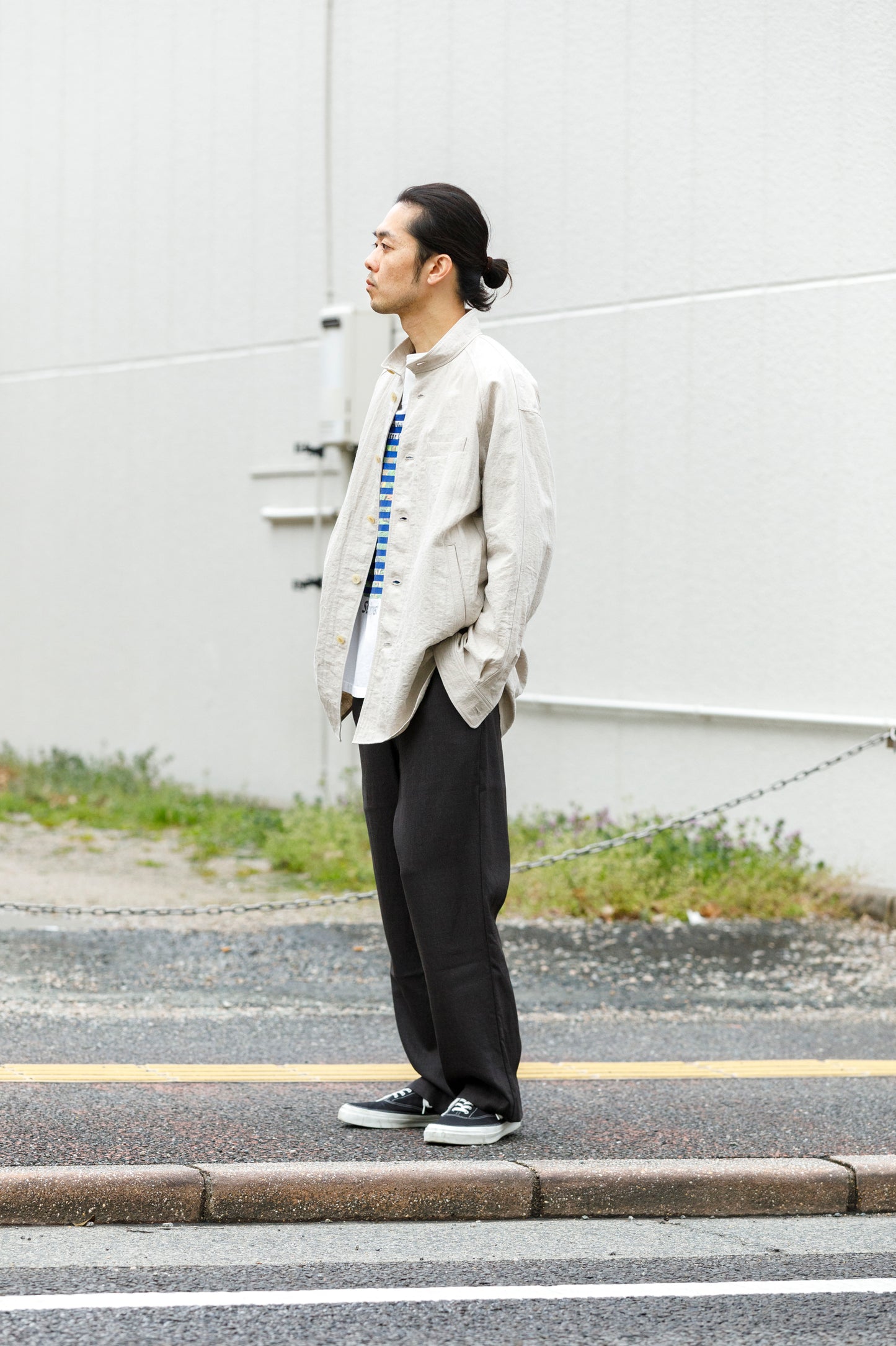 山内 25169-wa / ウールメッシュクロス・パジャマパンツ - charcoal brown(洗い加工)