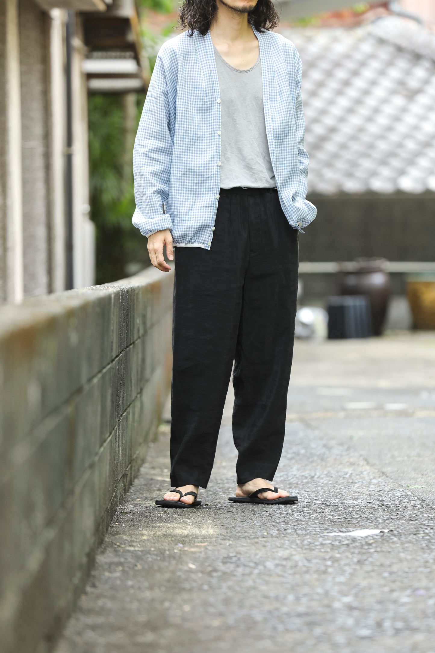 山内 / yc70-261-sili ビンテージシルクリネン・ワンカットイージーパンツ - sumi kuro