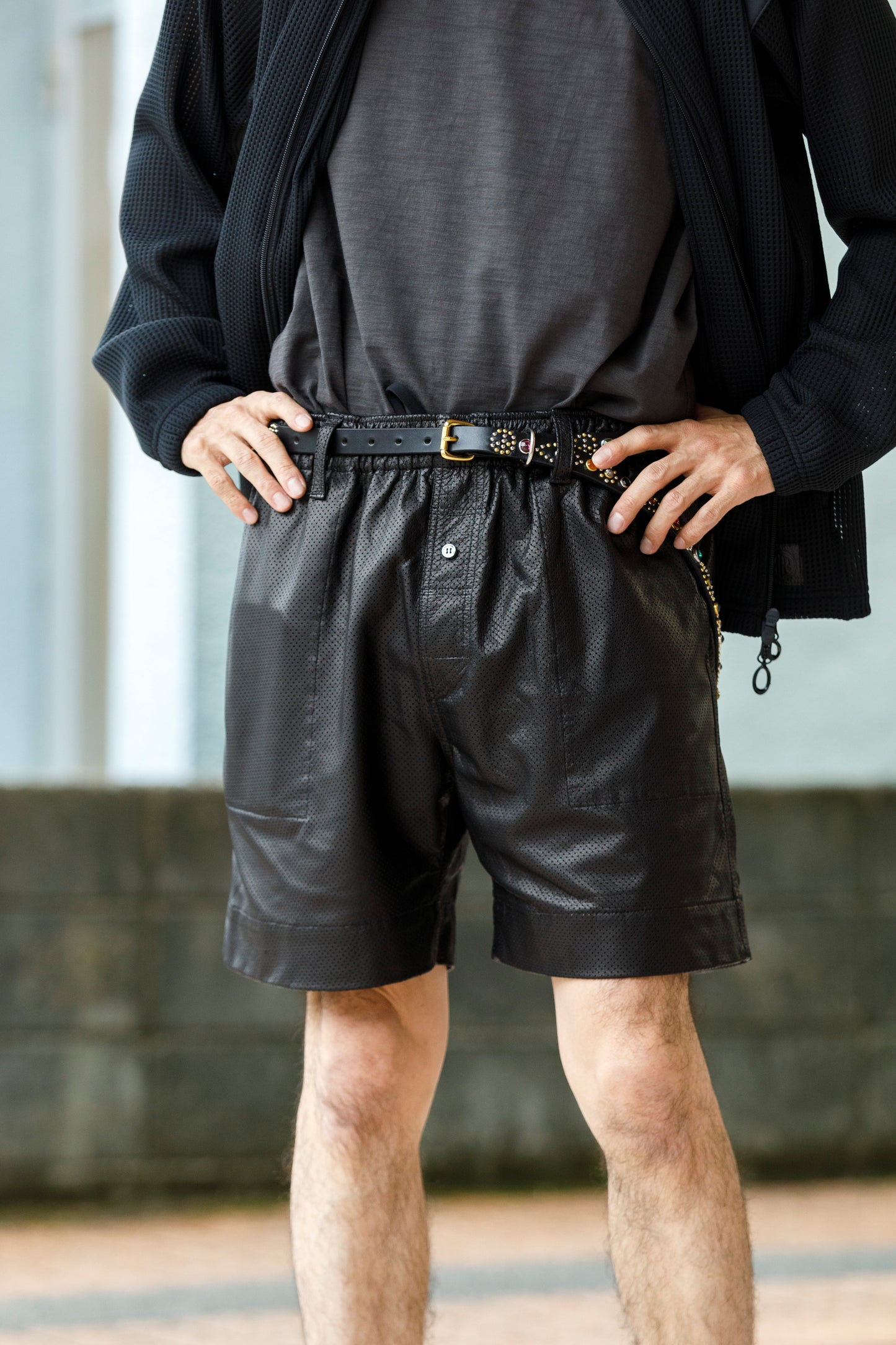 Willow Pants / P-007 Leather Shorts - Black(Punching Leather)