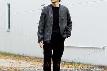 KIMURA narrowing / cardigan_linen wool herringbone - Black