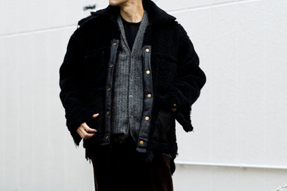 KIMURA narrowing / cardigan_linen wool herringbone - Black