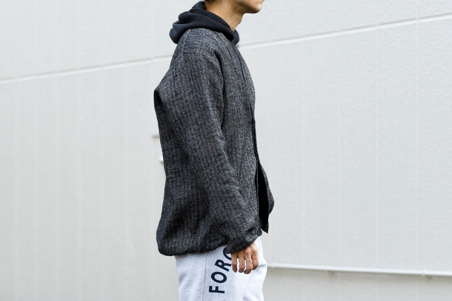 KIMURA narrowing / cardigan_linen wool herringbone - Black