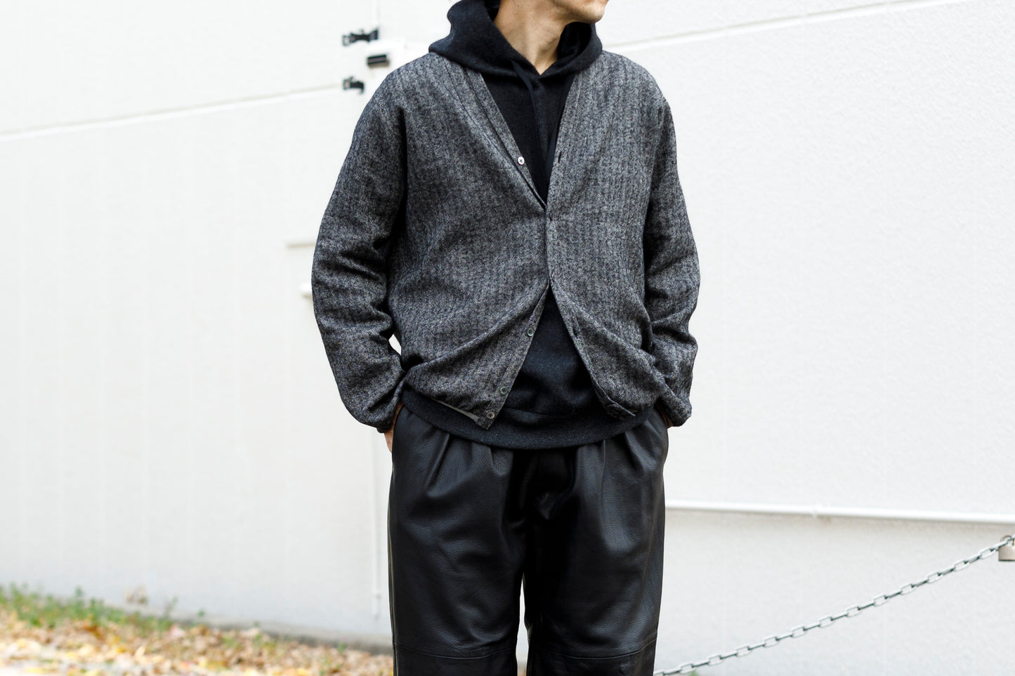 KIMURA narrowing / cardigan_linen wool herringbone - Black