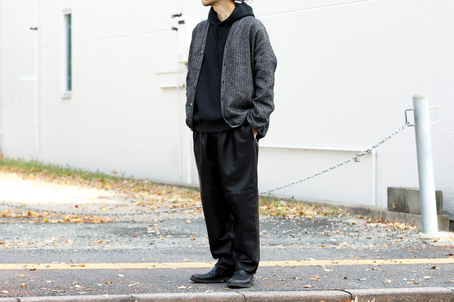 KIMURA narrowing / cardigan_linen wool herringbone - Black