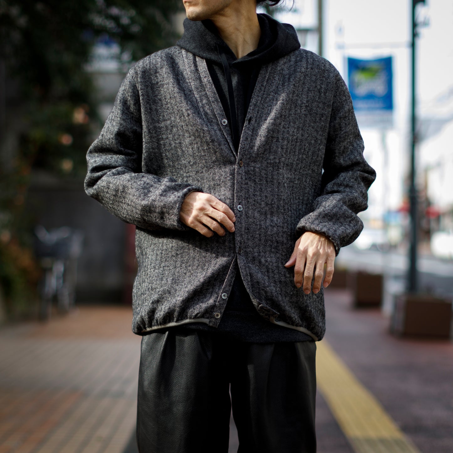 KIMURA narrowing / cardigan_linen wool herringbone - Black