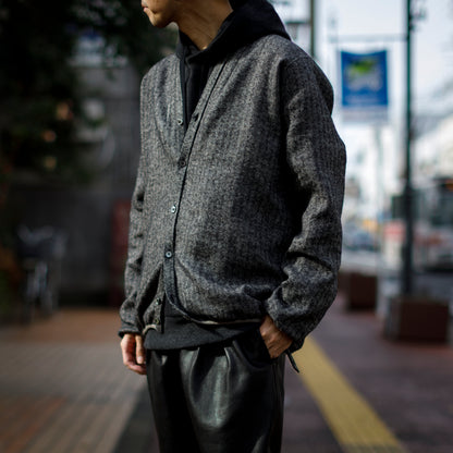 KIMURA narrowing / cardigan_linen wool herringbone - Black