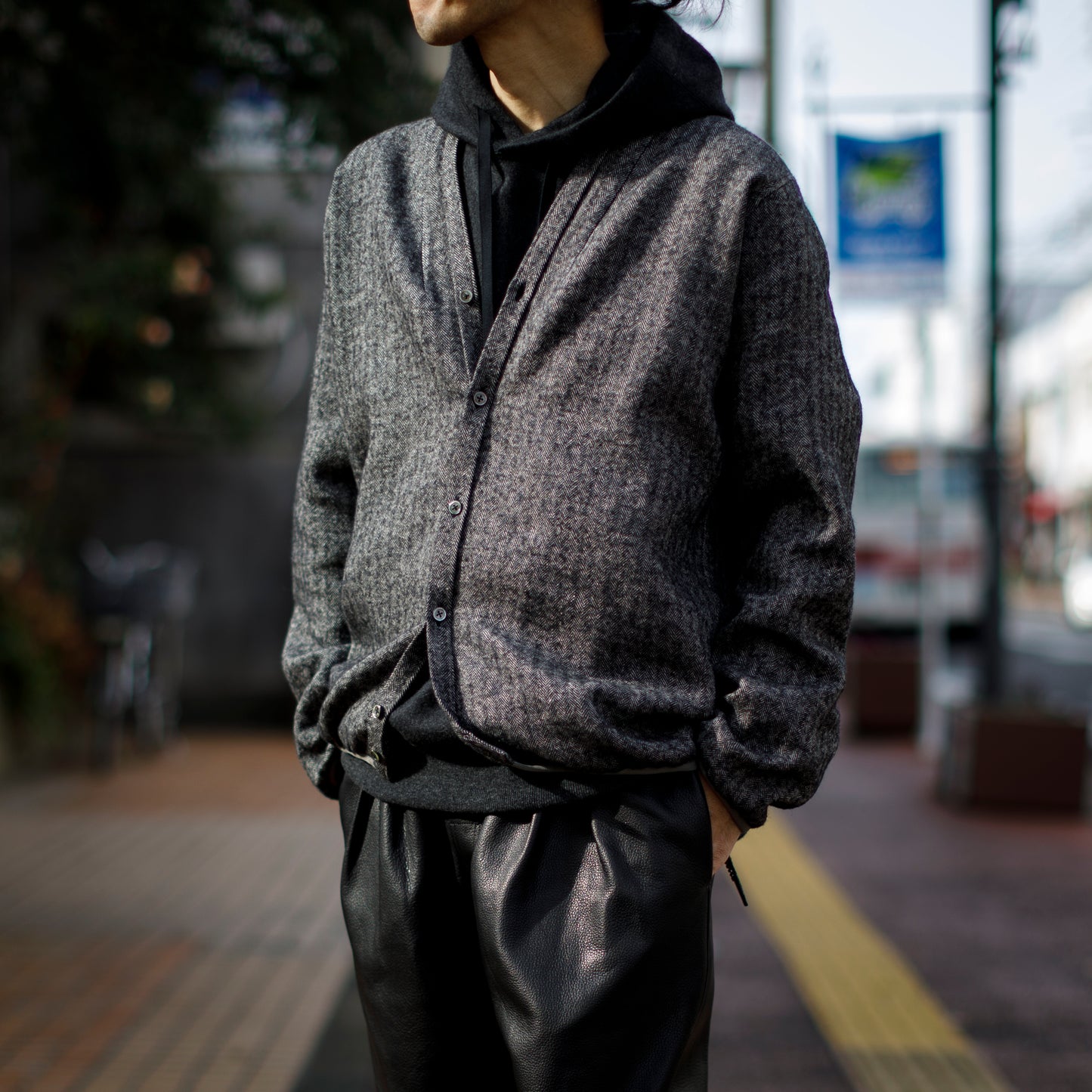 KIMURA narrowing / cardigan_linen wool herringbone - Black