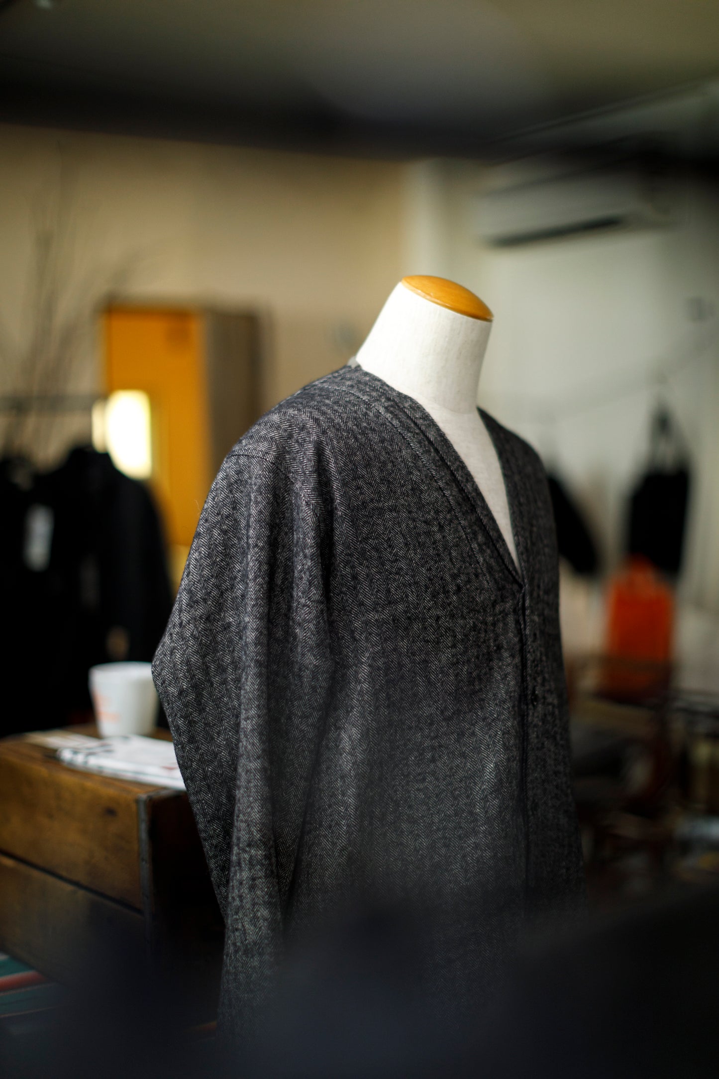 KIMURA narrowing / cardigan_linen wool herringbone - Black