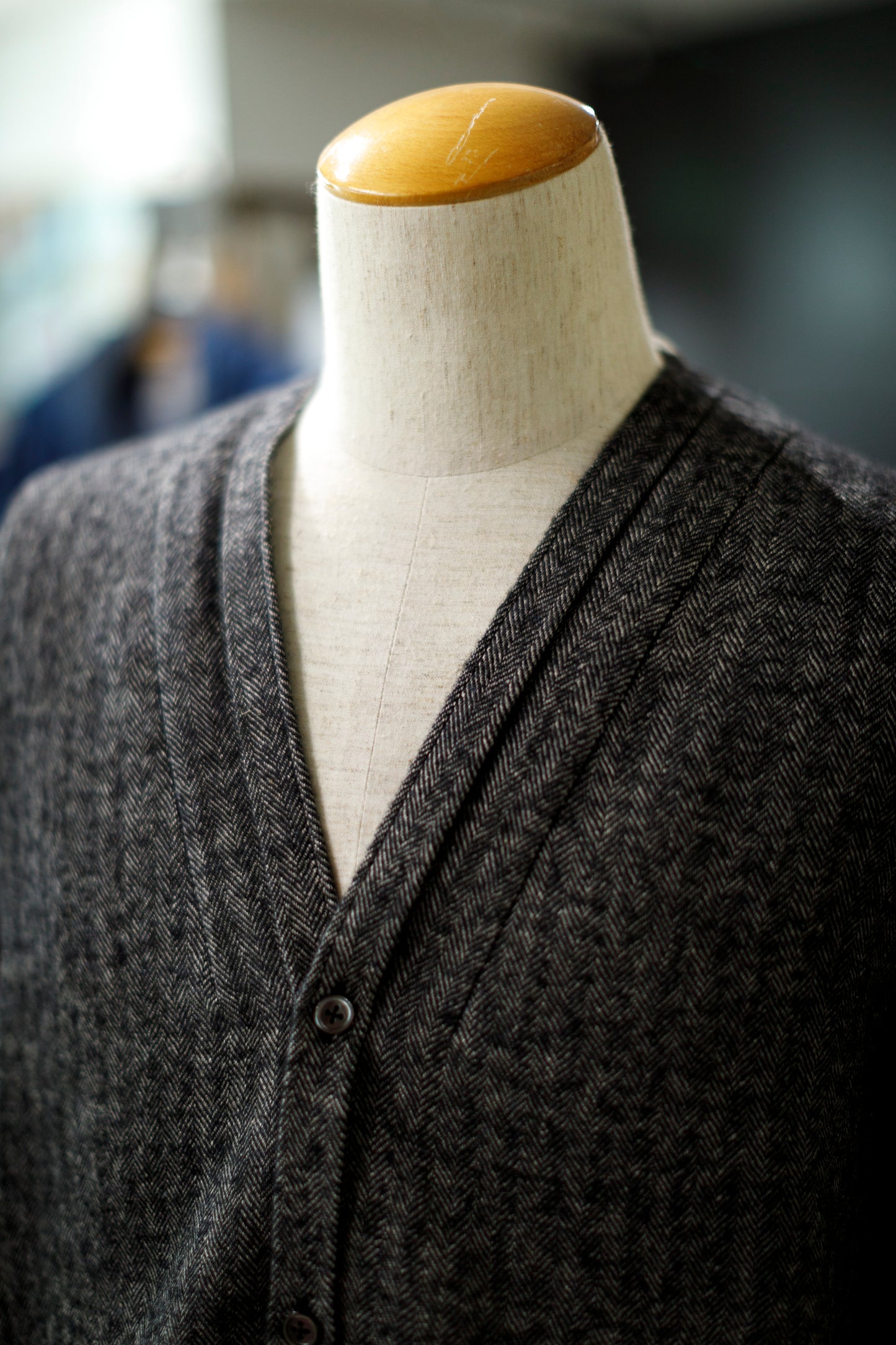 KIMURA narrowing / cardigan_linen wool herringbone - Black