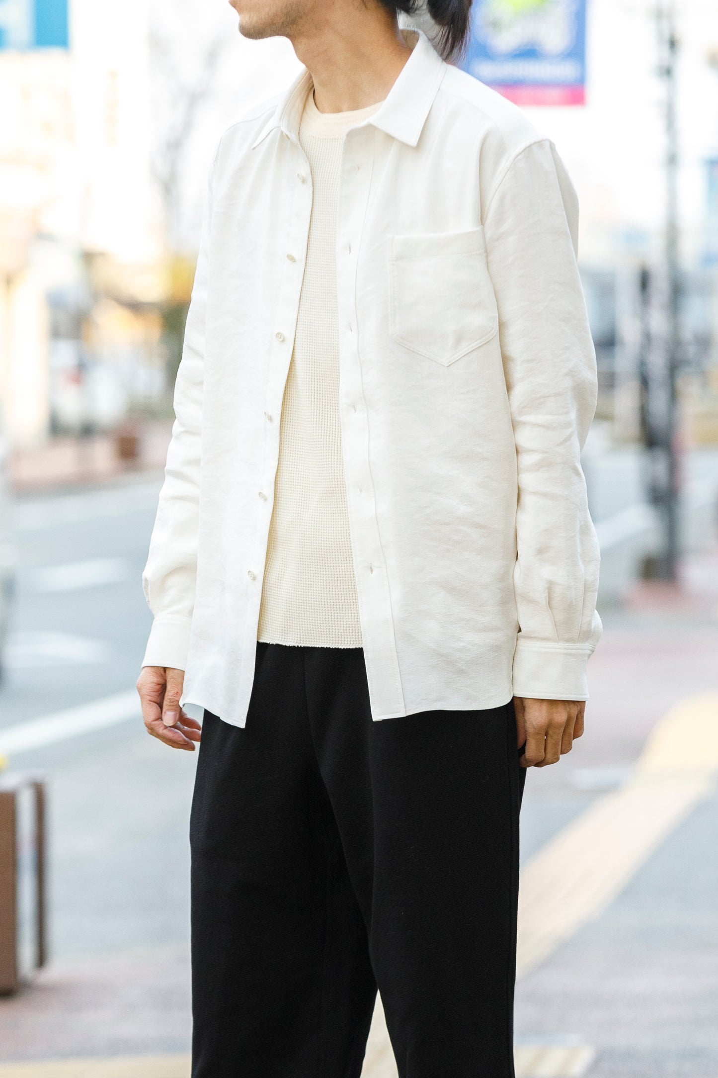 山内 / 26143-sili / ビンテージシルクリネン・ダブルステッチシャツ - off white