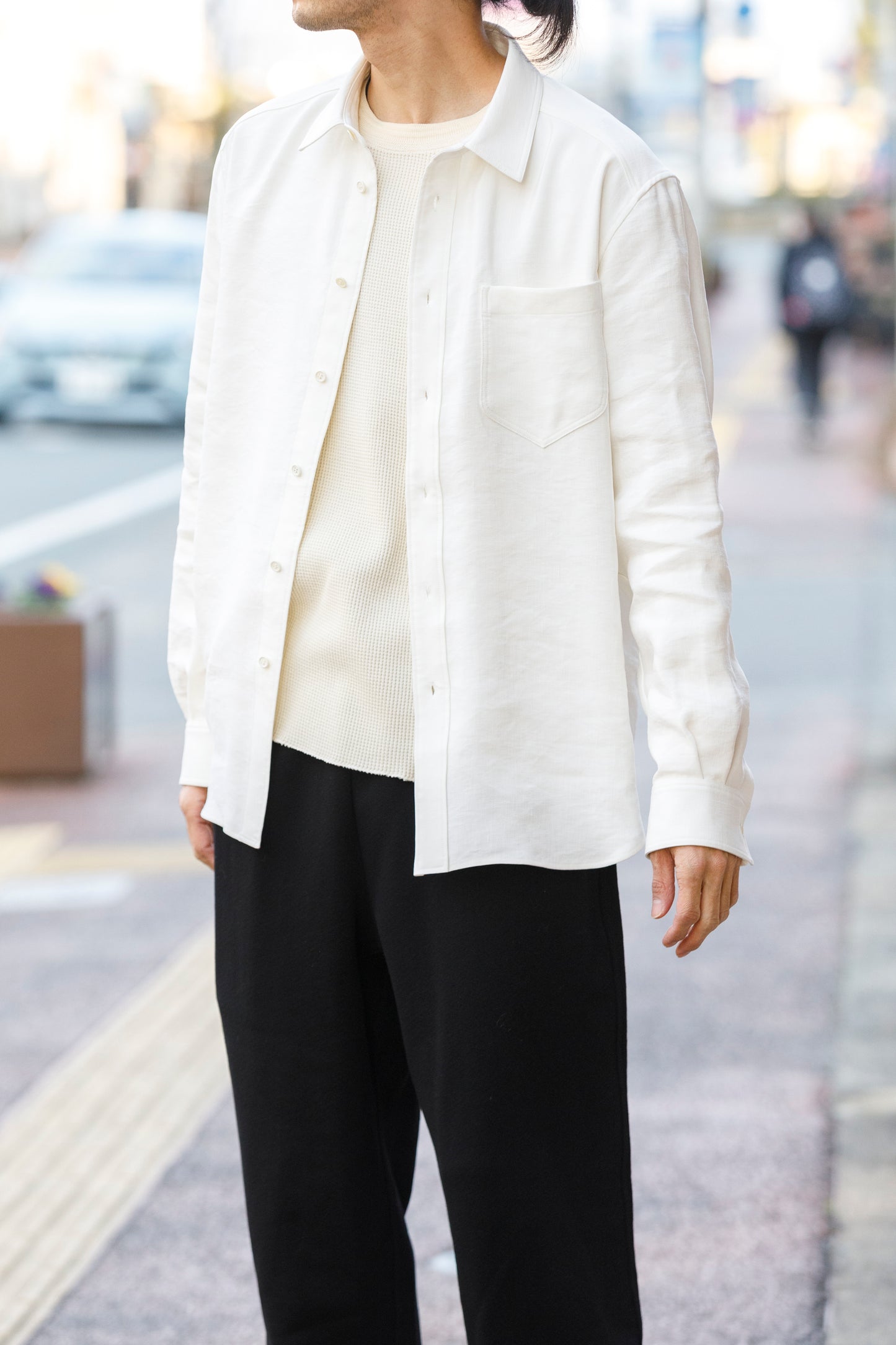 山内 / 26143-sili / ビンテージシルクリネン・ダブルステッチシャツ - off white