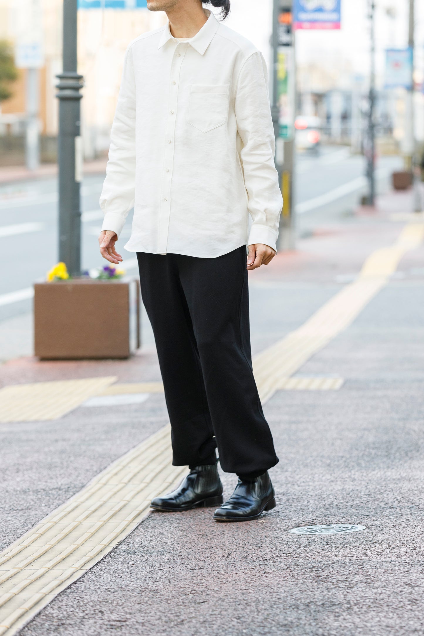 山内 / 26143-sili / ビンテージシルクリネン・ダブルステッチシャツ - off white