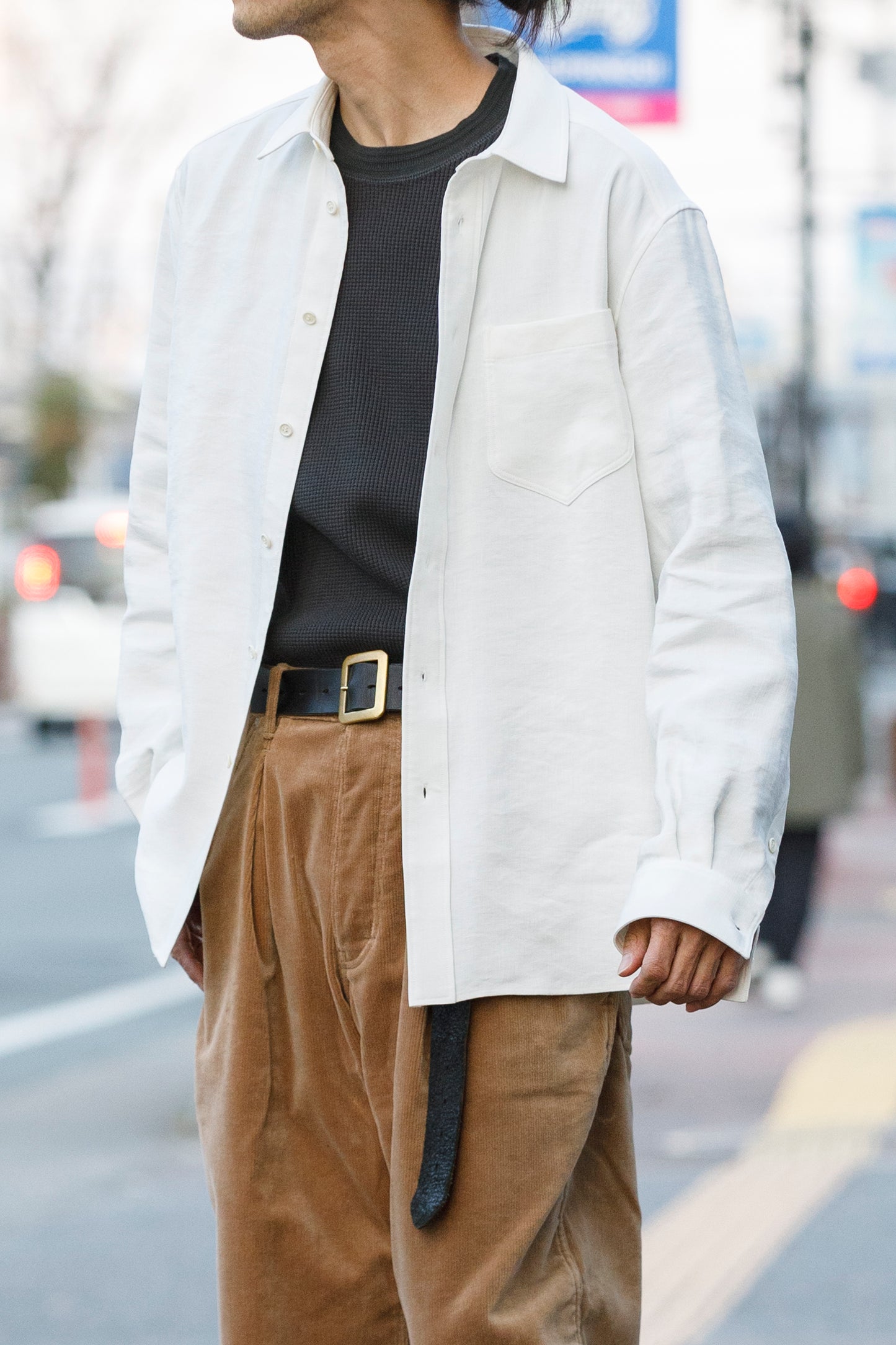 山内 / 26143-sili / ビンテージシルクリネン・ダブルステッチシャツ - off white