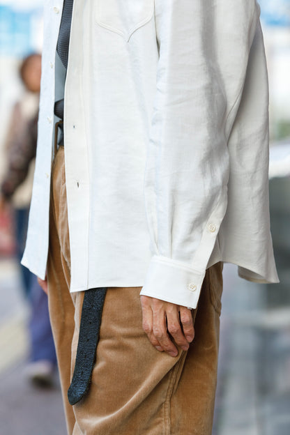 山内 / 26143-sili / ビンテージシルクリネン・ダブルステッチシャツ - off white