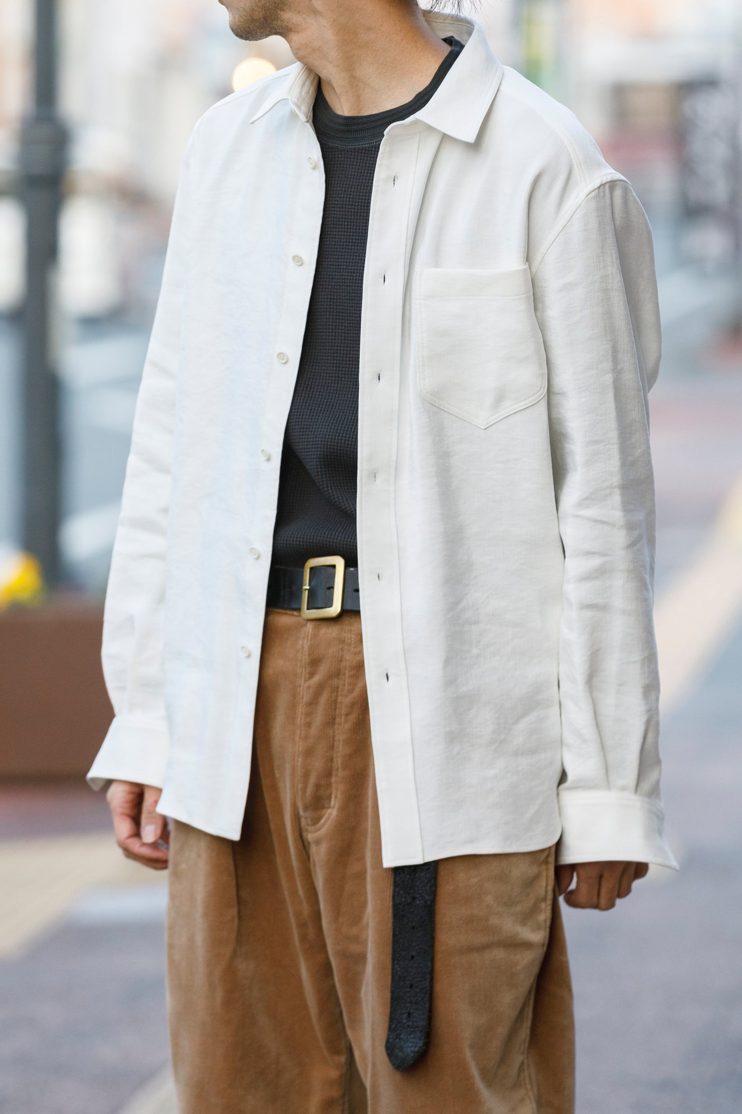 山内 / 26143-sili / ビンテージシルクリネン・ダブルステッチシャツ - off white