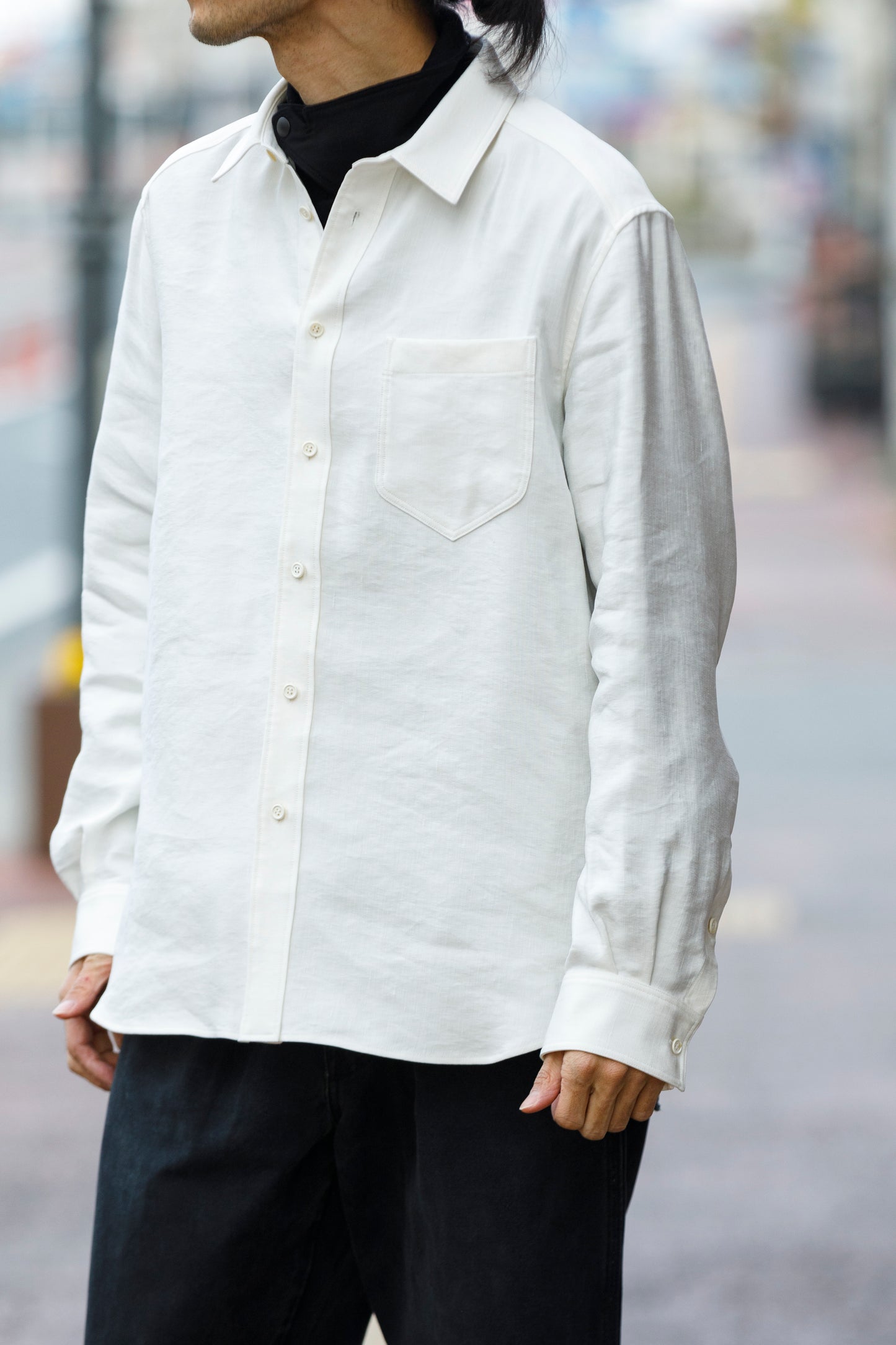 山内 / 26143-sili / ビンテージシルクリネン・ダブルステッチシャツ - off white