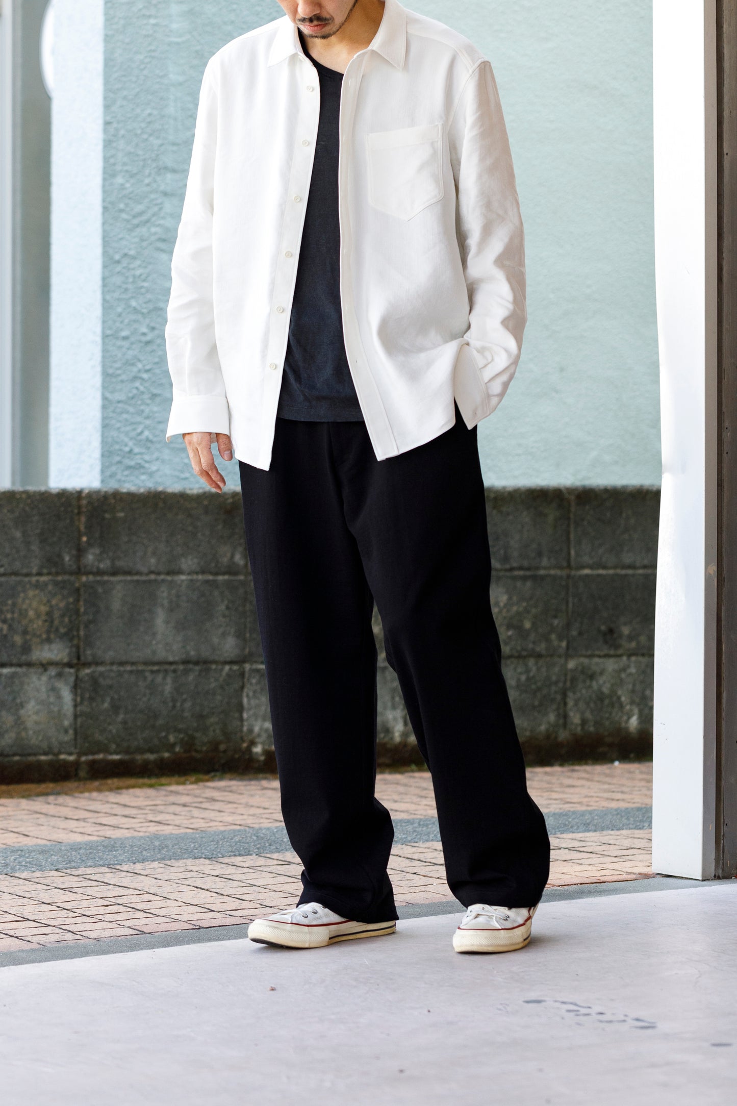 山内 / 26143-sili / ビンテージシルクリネン・ダブルステッチシャツ - off white