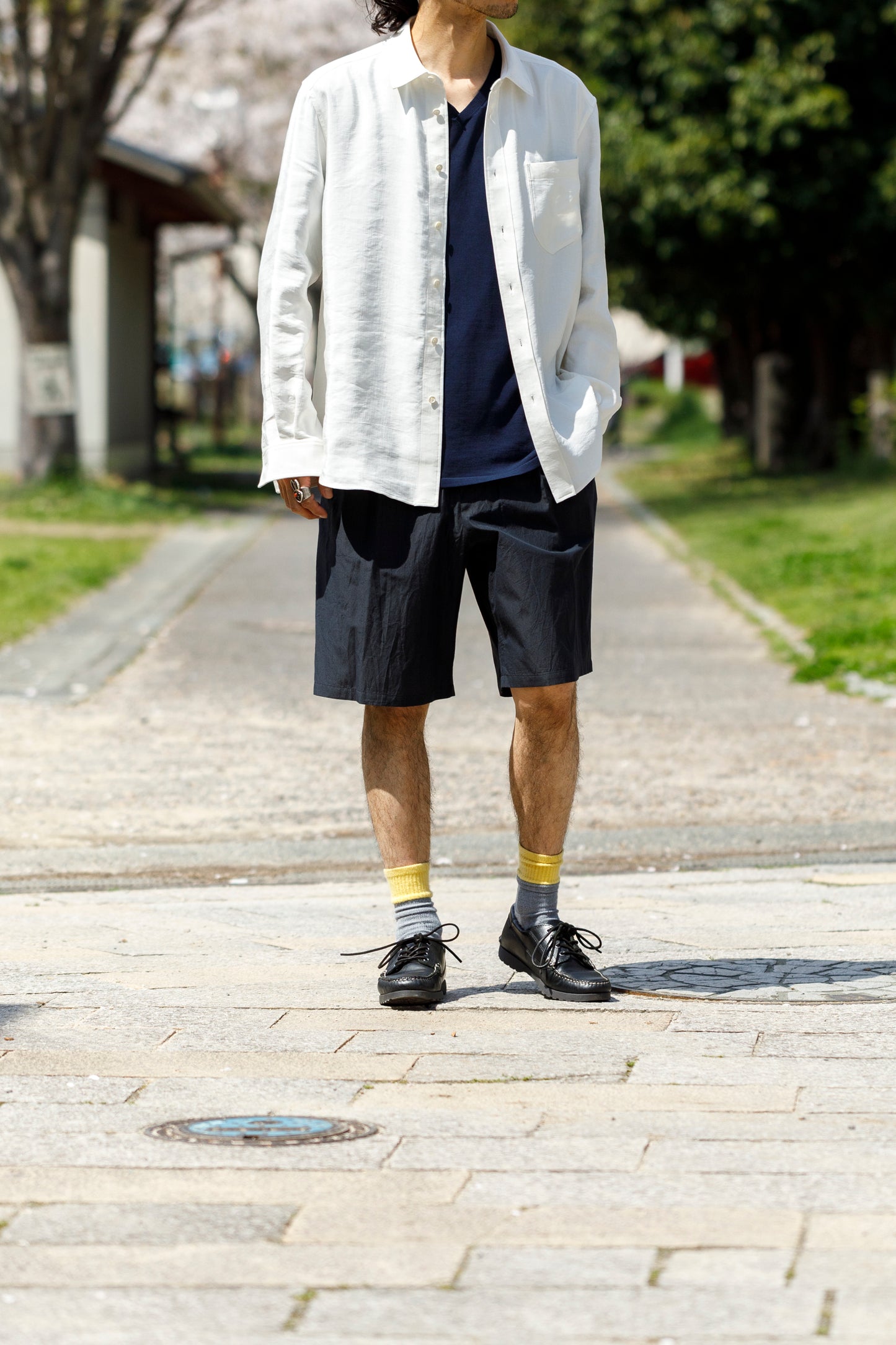 山内 / 26143-sili / ビンテージシルクリネン・ダブルステッチシャツ - off white