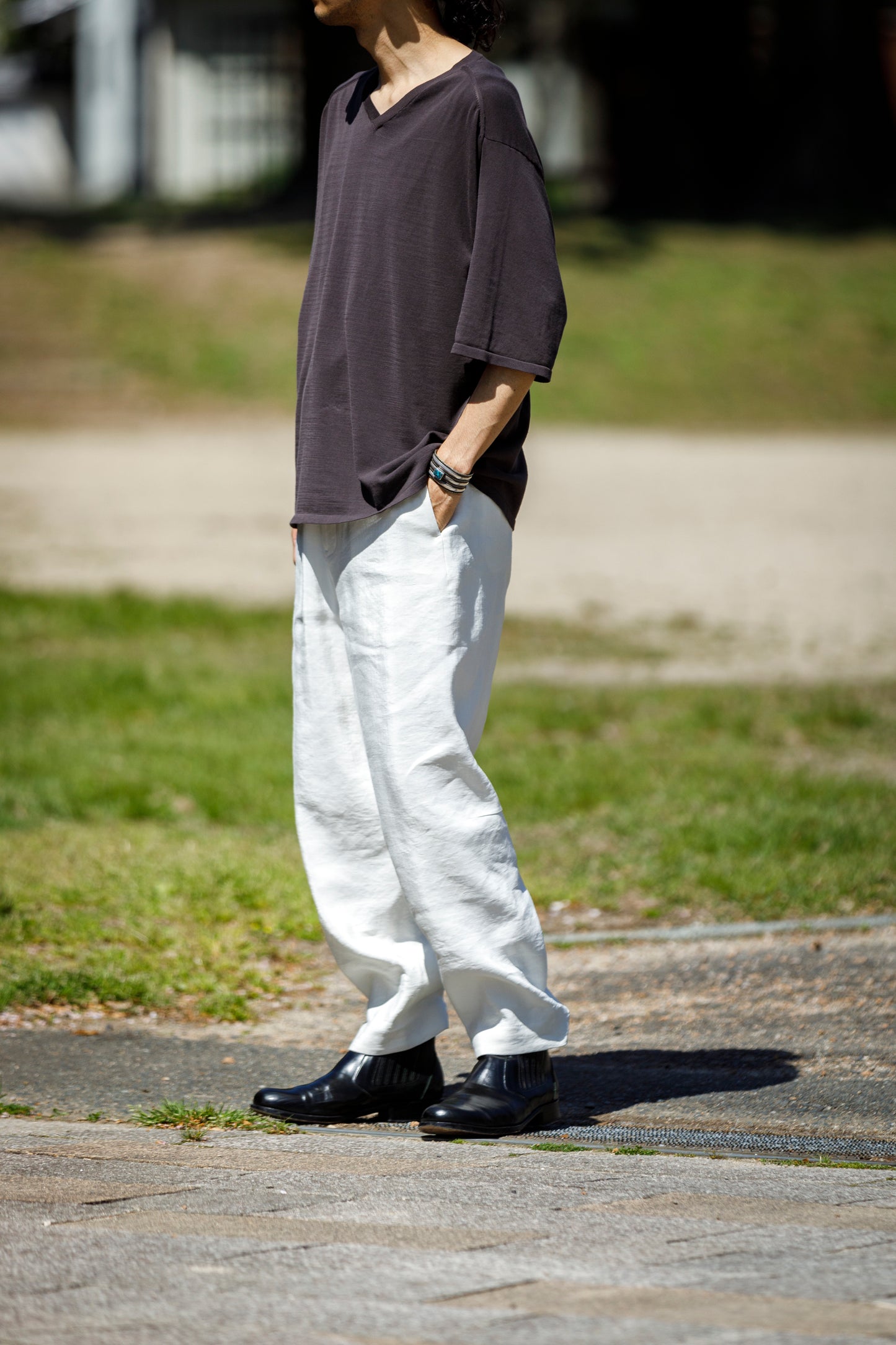 山内 / yc70-261-sili ビンテージシルクリネン・ワンカットイージーパンツ - off white