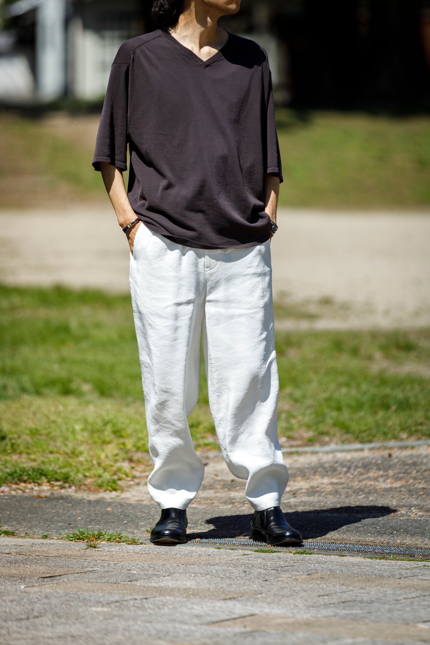 山内 / yc70-261-sili ビンテージシルクリネン・ワンカットイージーパンツ - off white