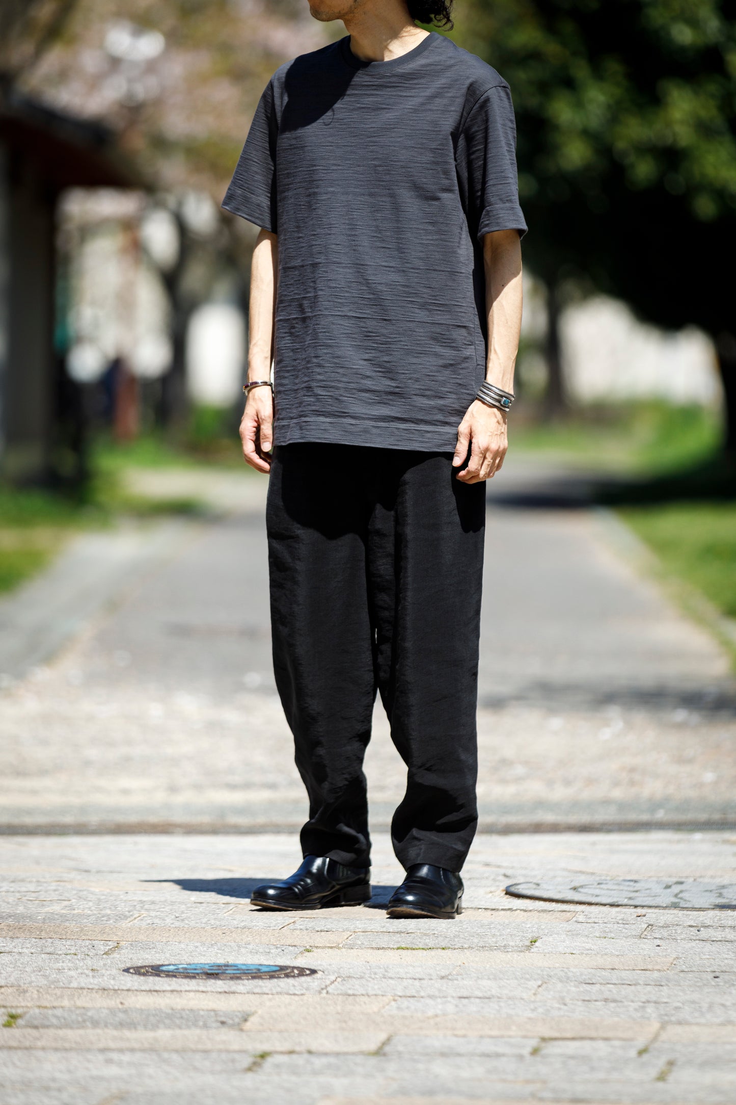 山内 / yc70-261-sili ビンテージシルクリネン・ワンカットイージーパンツ - sumi kuro