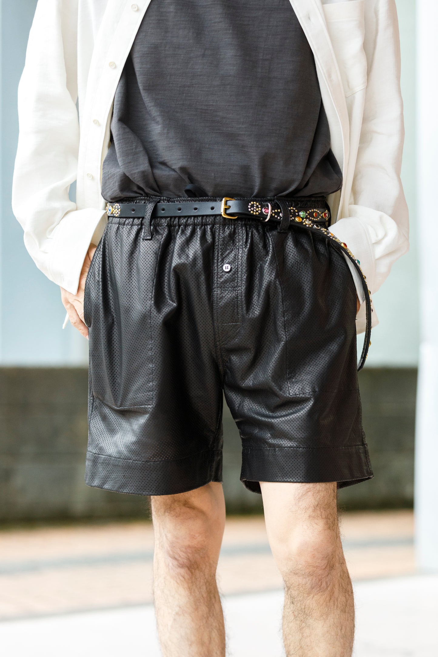 Willow Pants / P-007 Leather Shorts - Black(Punching Leather)