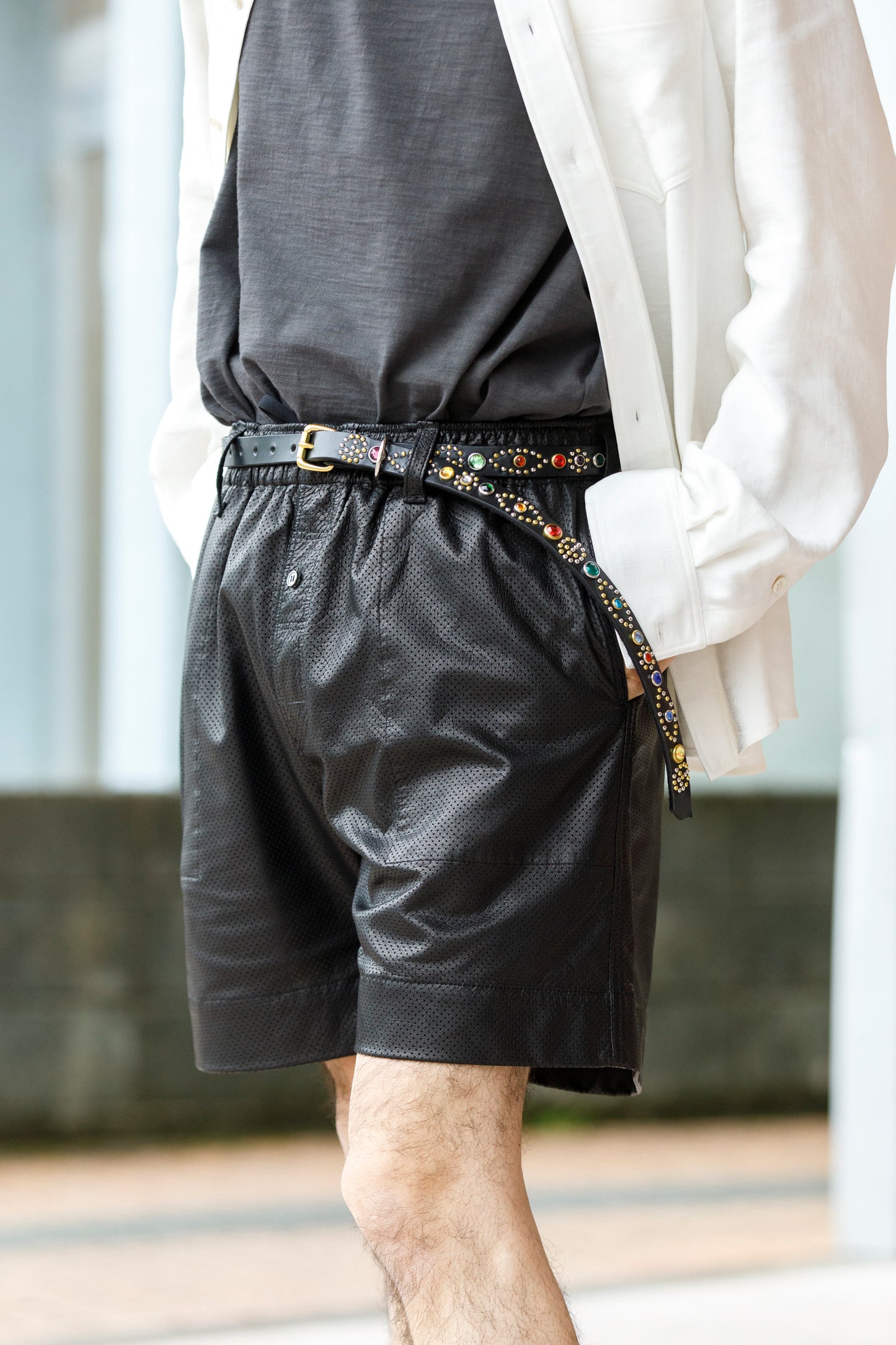 Willow Pants / P-007 Leather Shorts - Black(Punching Leather)