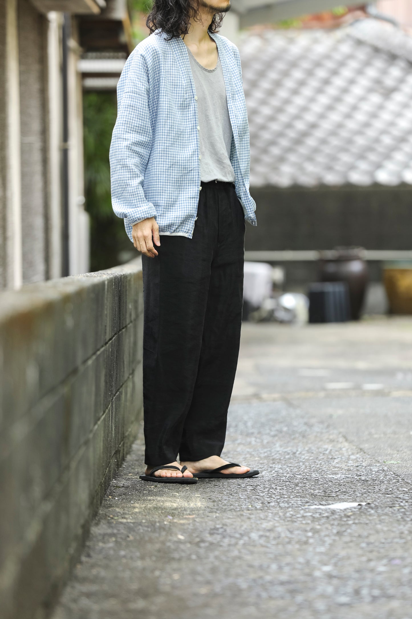 山内 / yc70-261-sili ビンテージシルクリネン・ワンカットイージーパンツ - sumi kuro