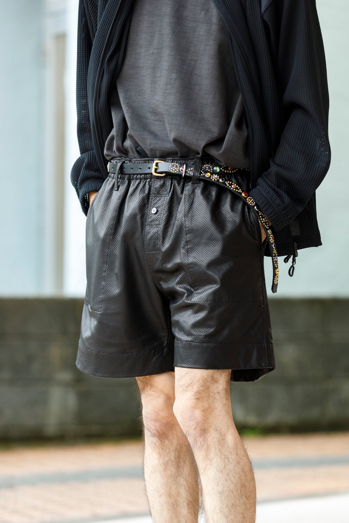Willow Pants / P-007 Leather Shorts - Black(Punching Leather)