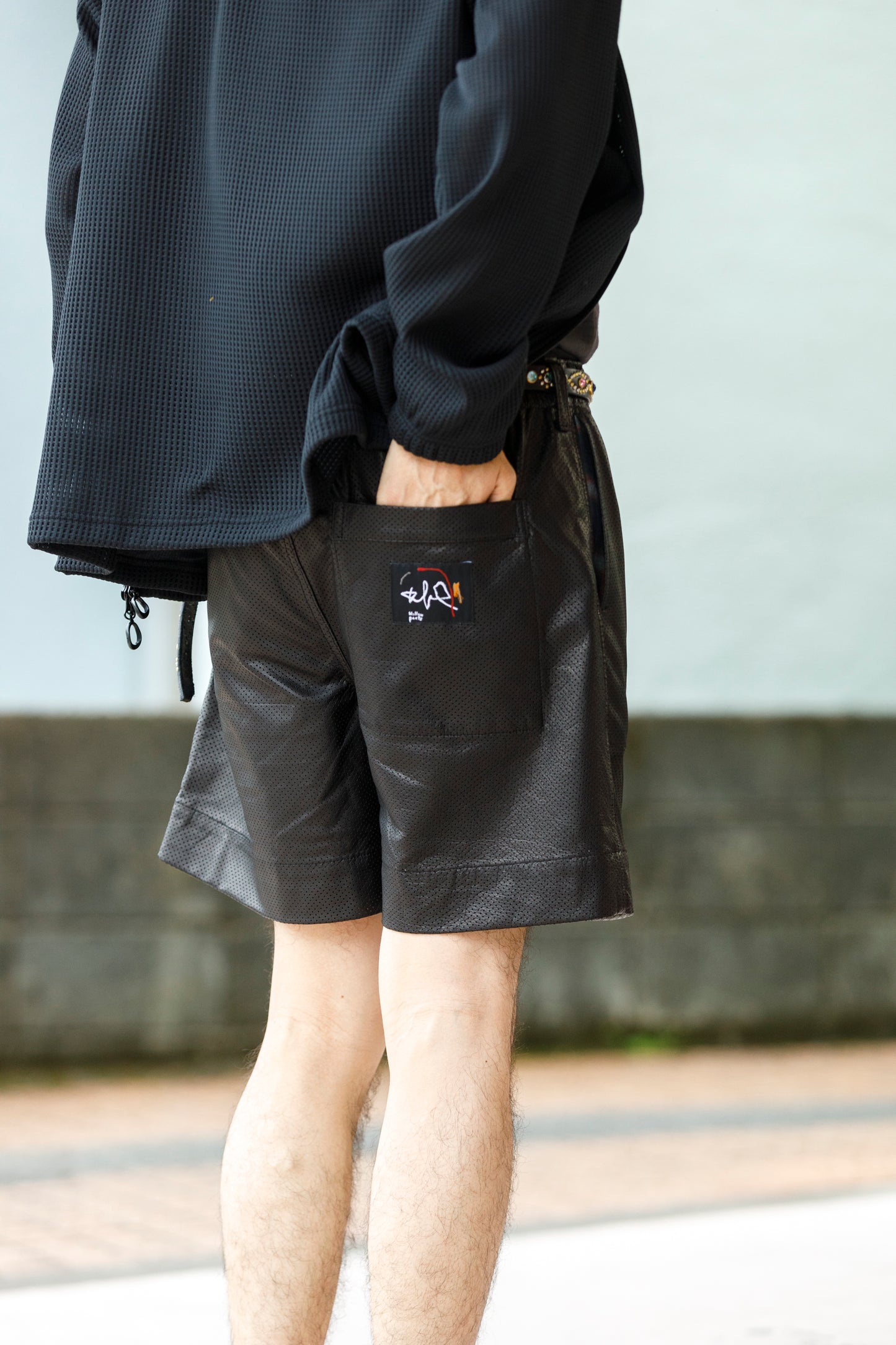 Willow Pants / P-007 Leather Shorts - Black(Punching Leather)