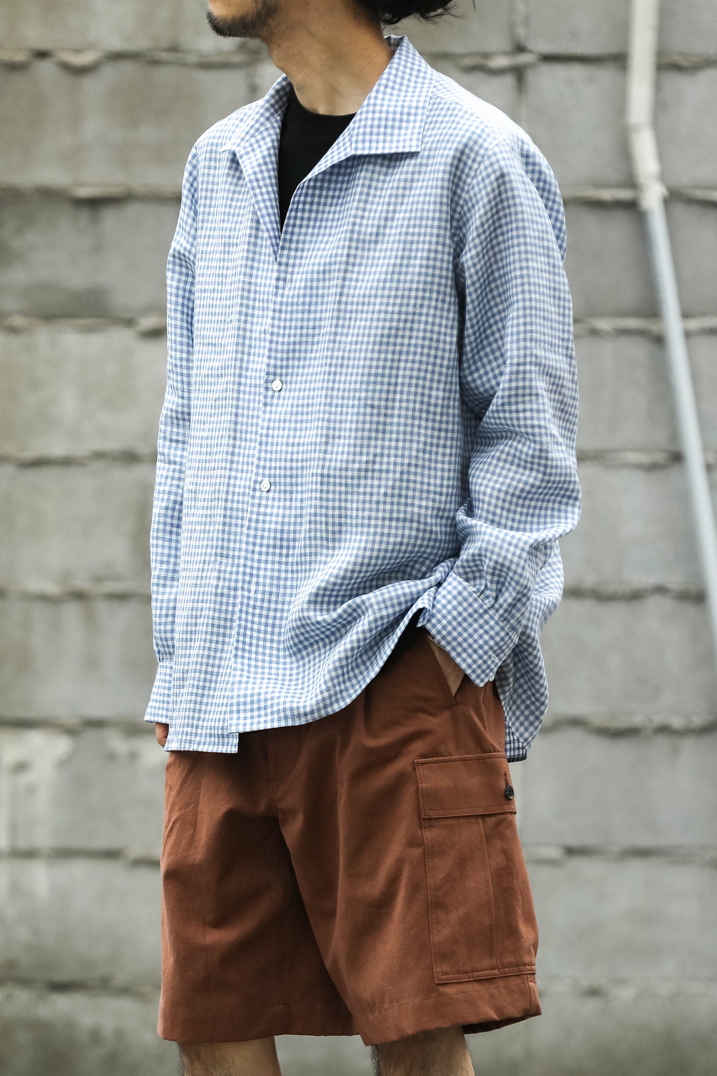 KIMURA / Whole oblong collar shirt L/S _ Albini linen - GINGHAM