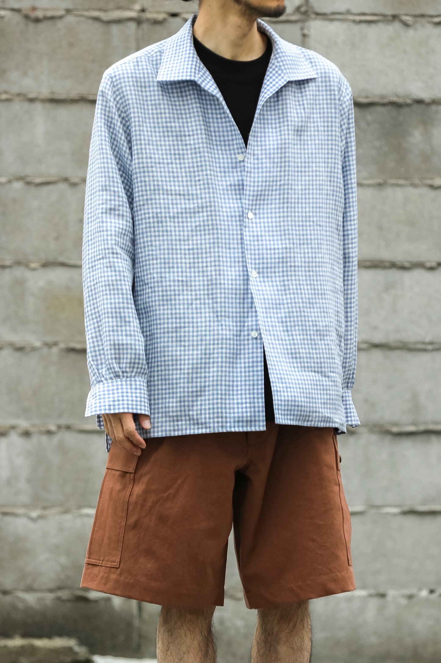 KIMURA / Whole oblong collar shirt L/S _ Albini linen - GINGHAM