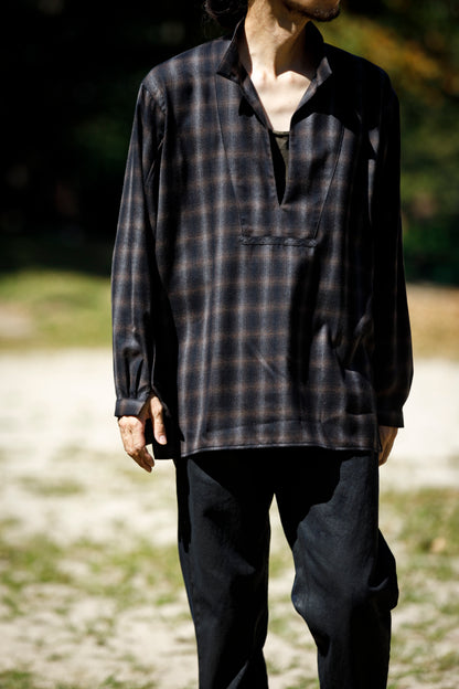 SARTO / WOOL OMBRE CHECK TUCKED SKIPPER SHIRT - BLACK × DARK BROWN