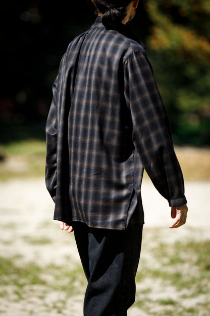 SARTO / WOOL OMBRE CHECK TUCKED SKIPPER SHIRT - BLACK × DARK BROWN