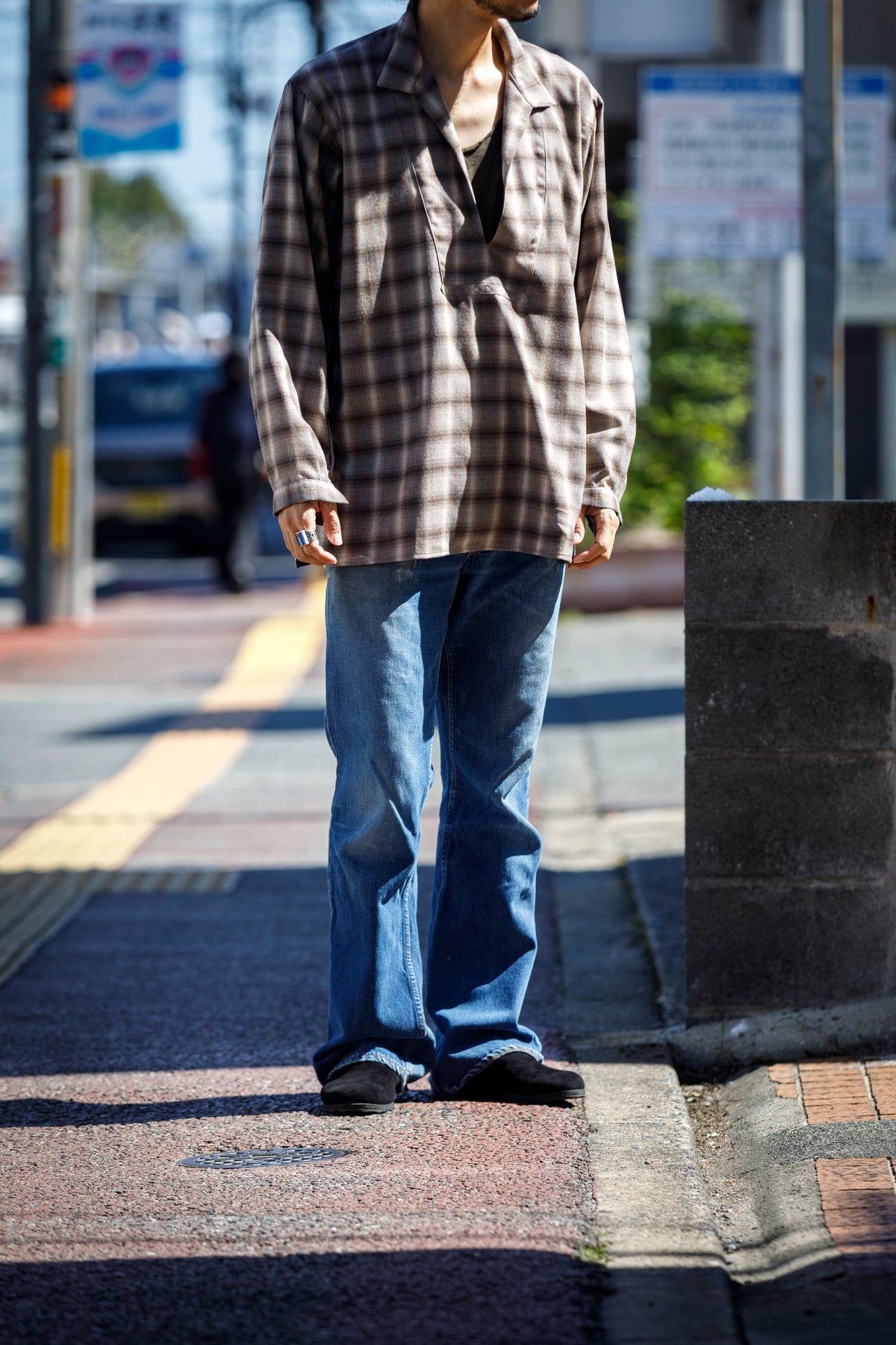 SARTO / WOOL OMBRE CHECK TUCKED SKIPPER SHIRT - IVORY × BROWN