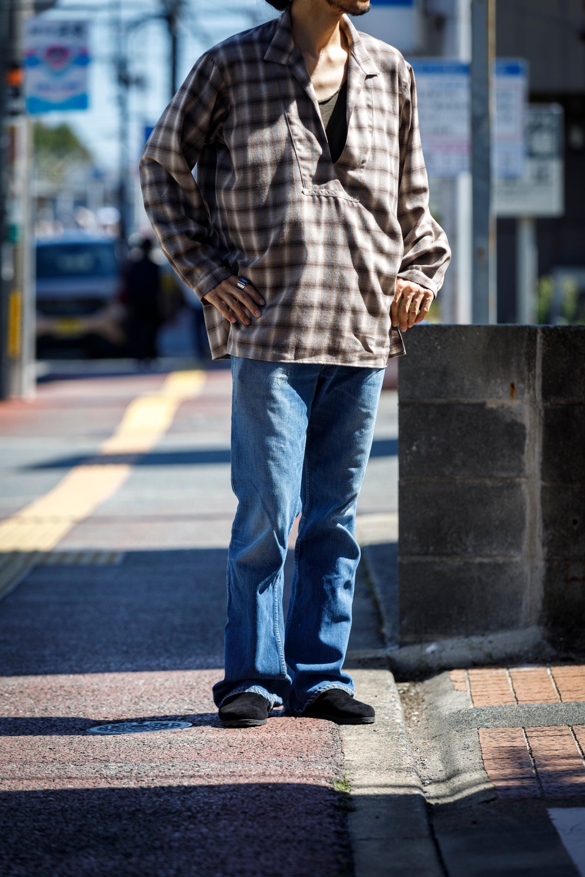 SARTO / WOOL OMBRE CHECK TUCKED SKIPPER SHIRT - IVORY × BROWN