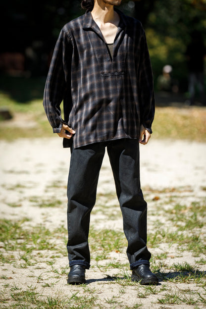 SARTO / WOOL OMBRE CHECK TUCKED SKIPPER SHIRT - BLACK × DARK BROWN