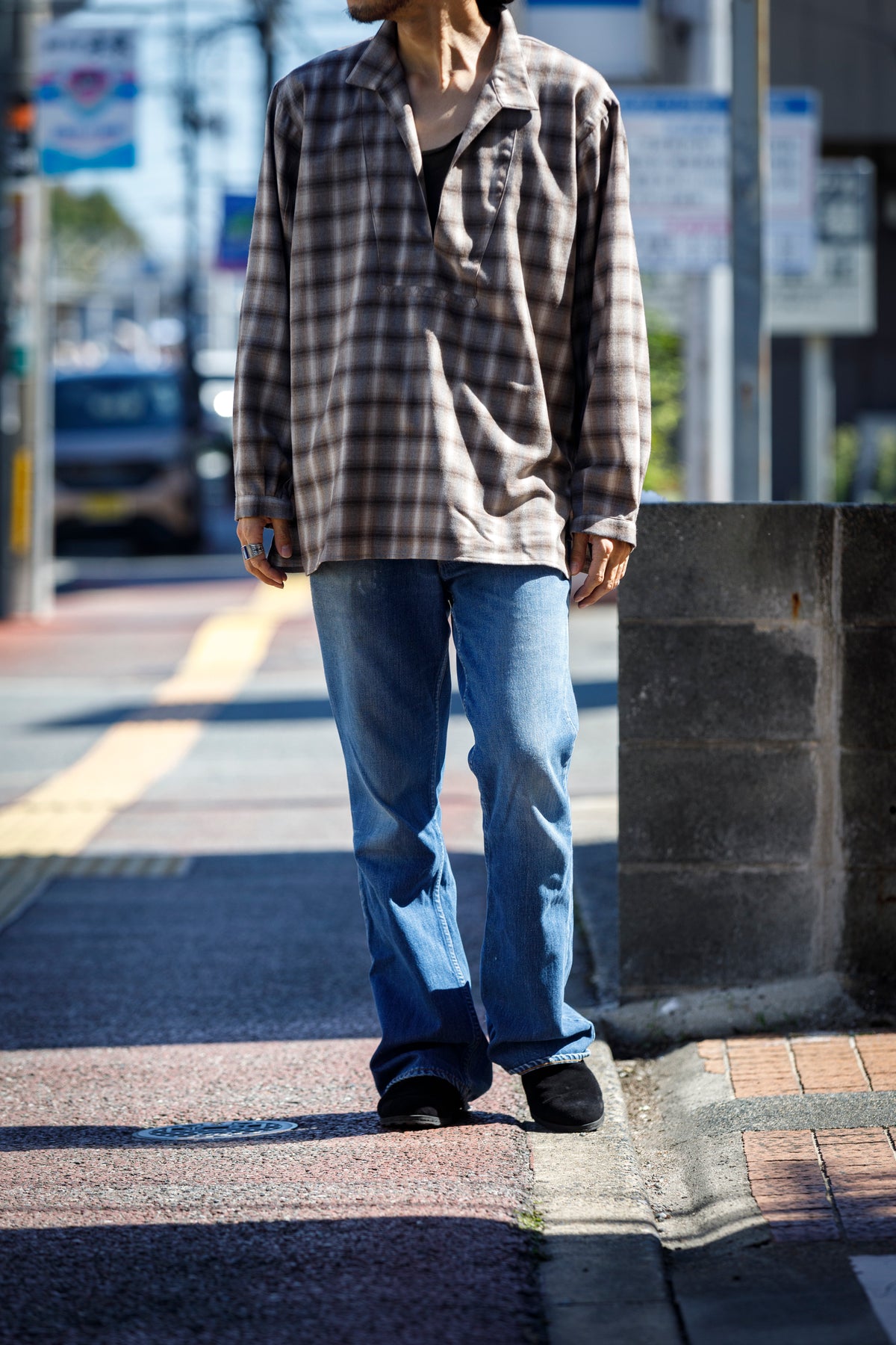 SARTO / WOOL OMBRE CHECK TUCKED SKIPPER SHIRT - IVORY × BROWN