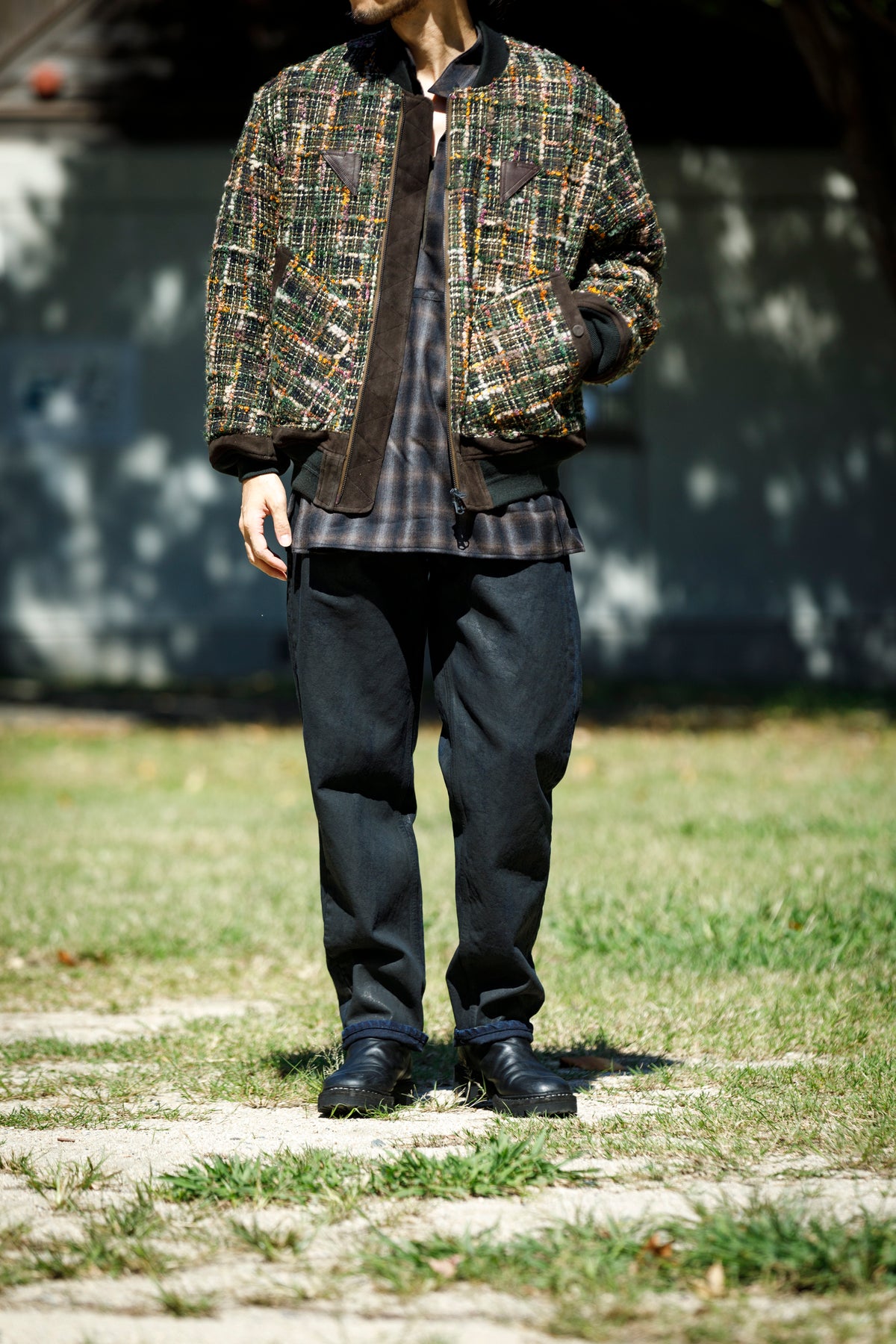 SARTO / WOOL OMBRE CHECK TUCKED SKIPPER SHIRT - BLACK × DARK BROWN