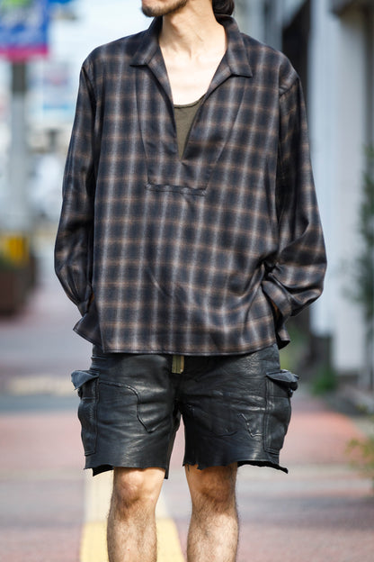 SARTO / WOOL OMBRE CHECK TUCKED SKIPPER SHIRT - BLACK × DARK BROWN