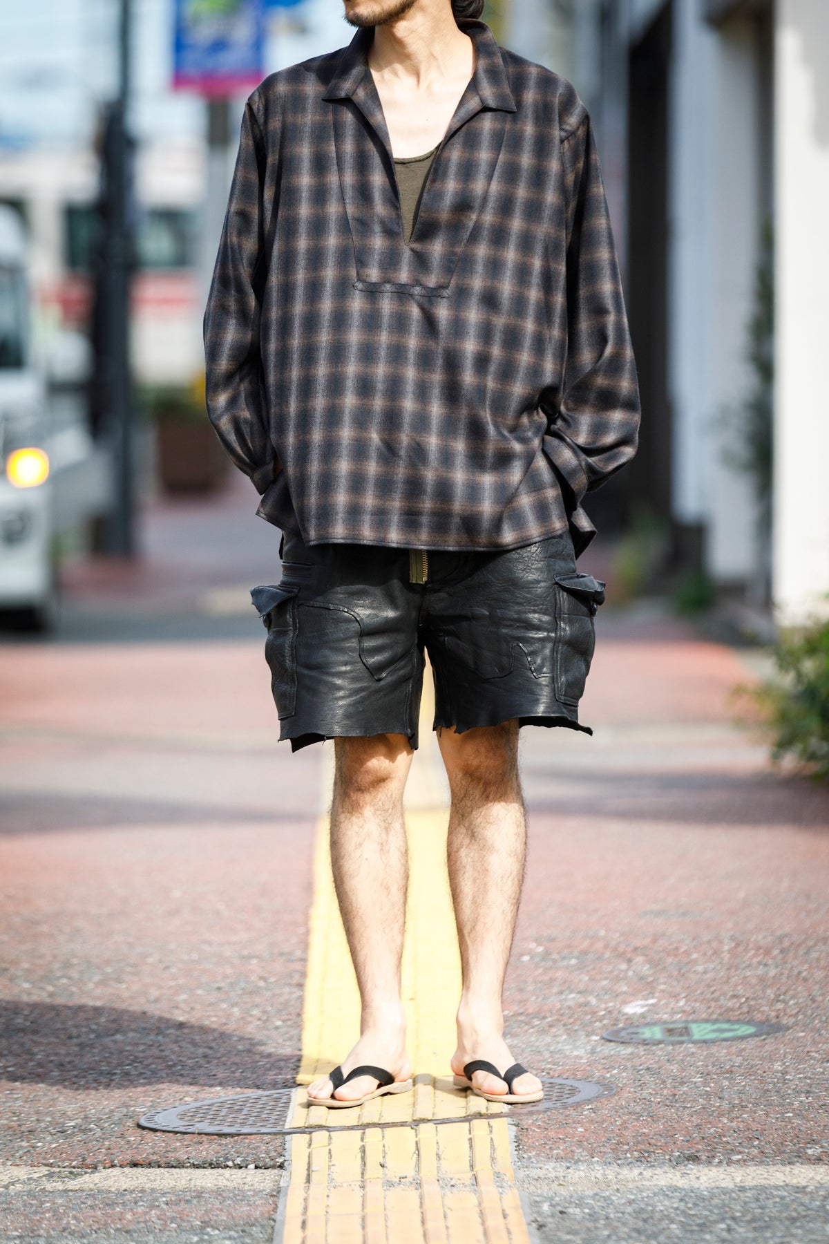 SARTO / WOOL OMBRE CHECK TUCKED SKIPPER SHIRT - BLACK × DARK BROWN