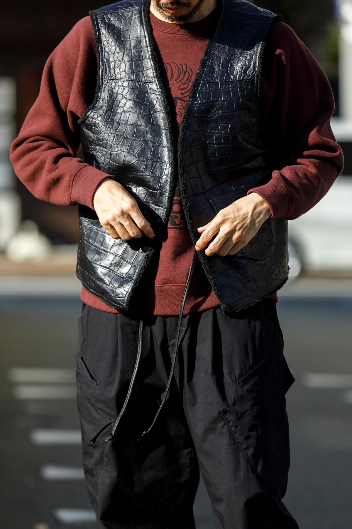 Willow Pants / P-033 COW LEATHER × FAKE MOUTON - Black
