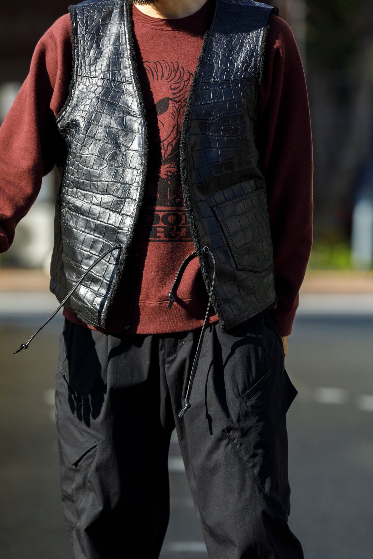 Willow Pants / P-033 COW LEATHER × FAKE MOUTON - Black