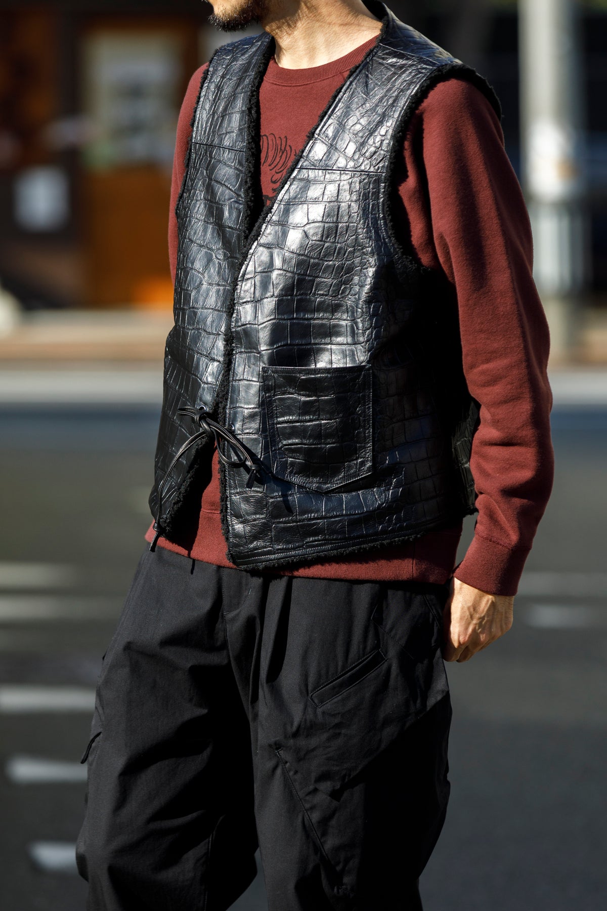 Willow Pants / P-033 COW LEATHER × FAKE MOUTON - Black