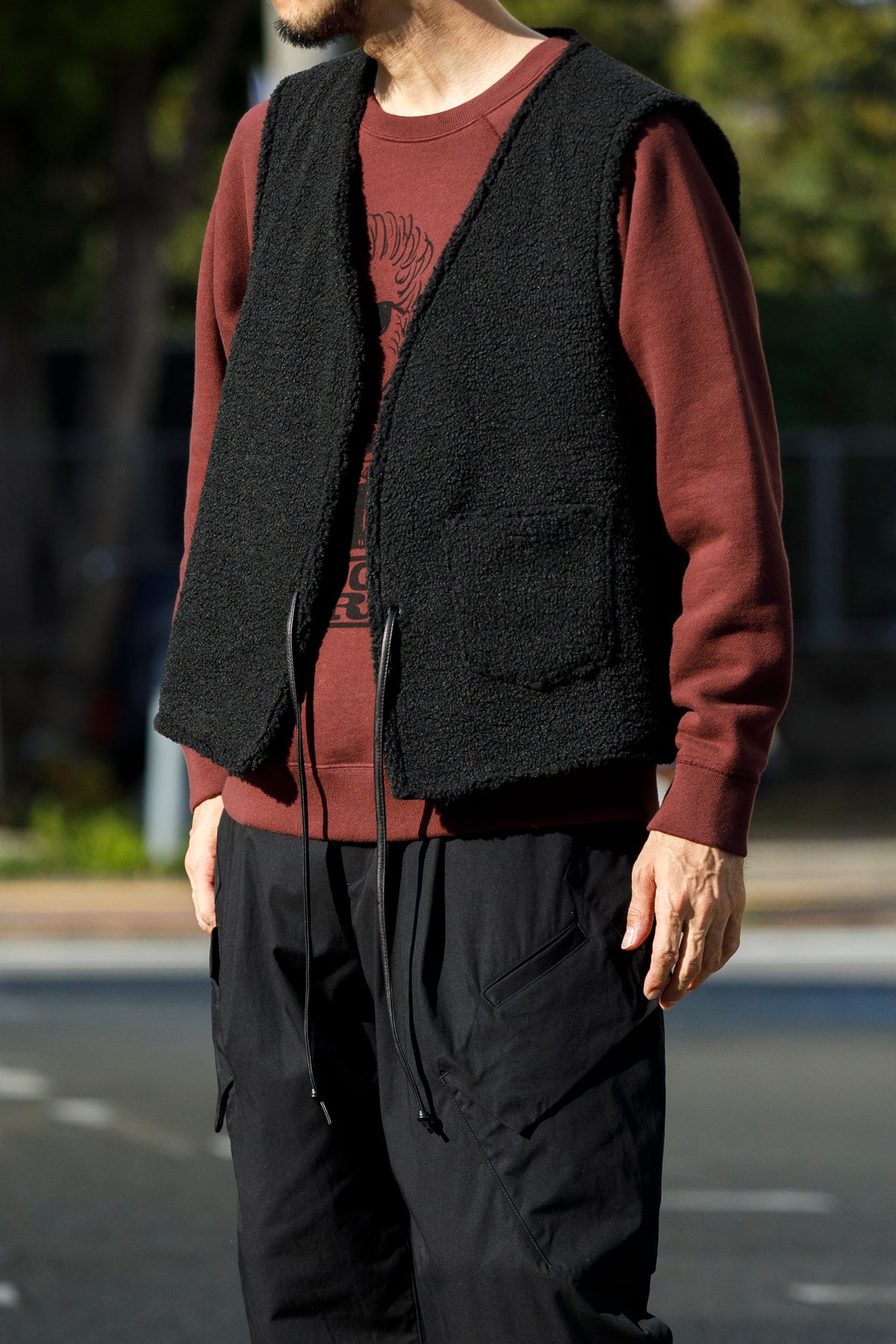 Willow Pants / P-033 COW LEATHER × FAKE MOUTON - Black