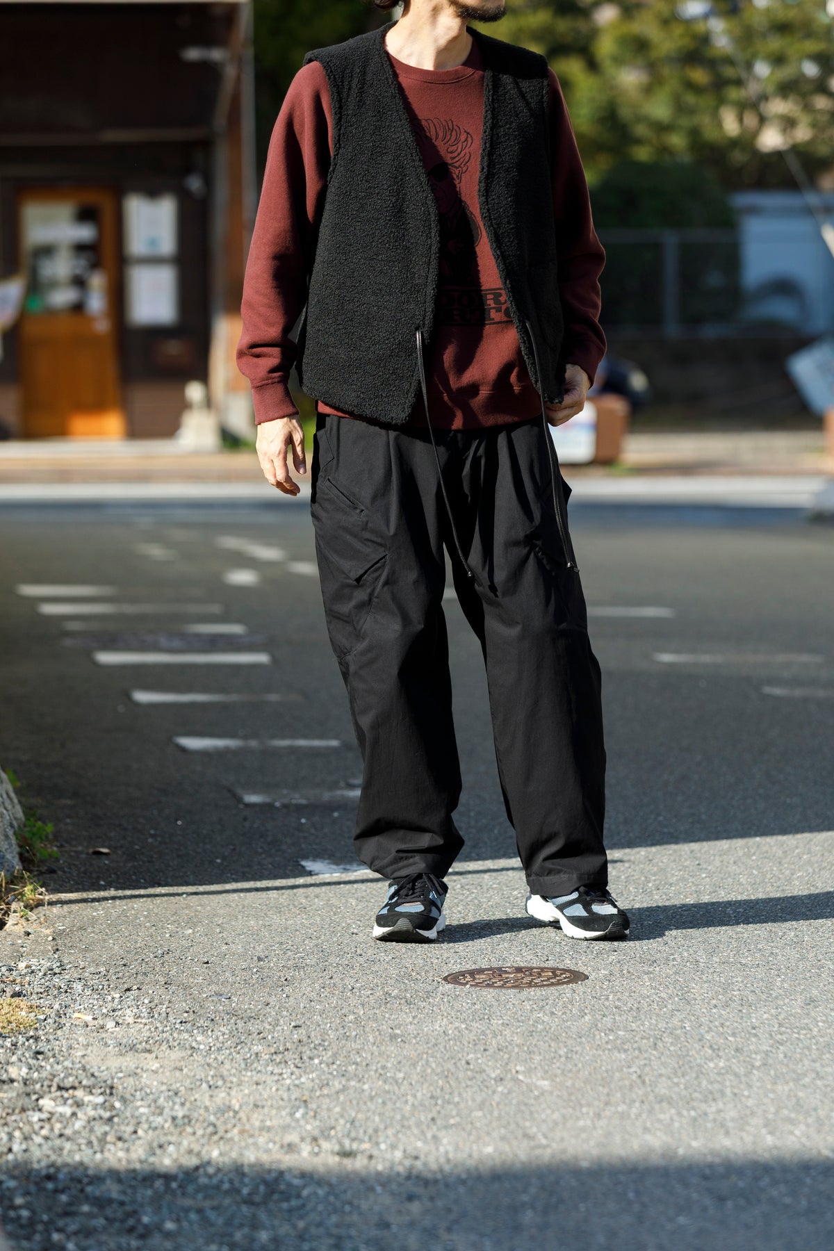 Willow Pants / P-033 COW LEATHER × FAKE MOUTON - Black