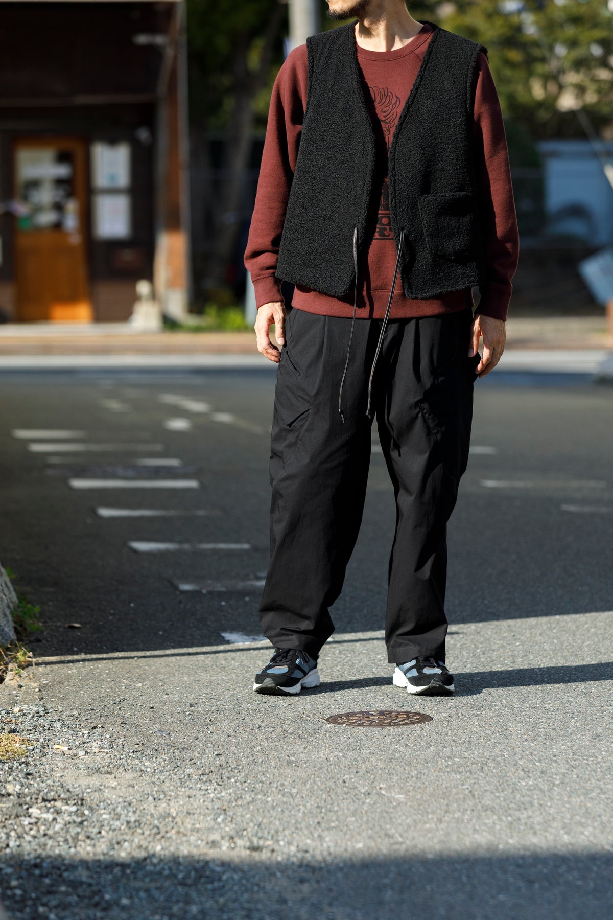 Willow Pants / P-033 COW LEATHER × FAKE MOUTON - Black