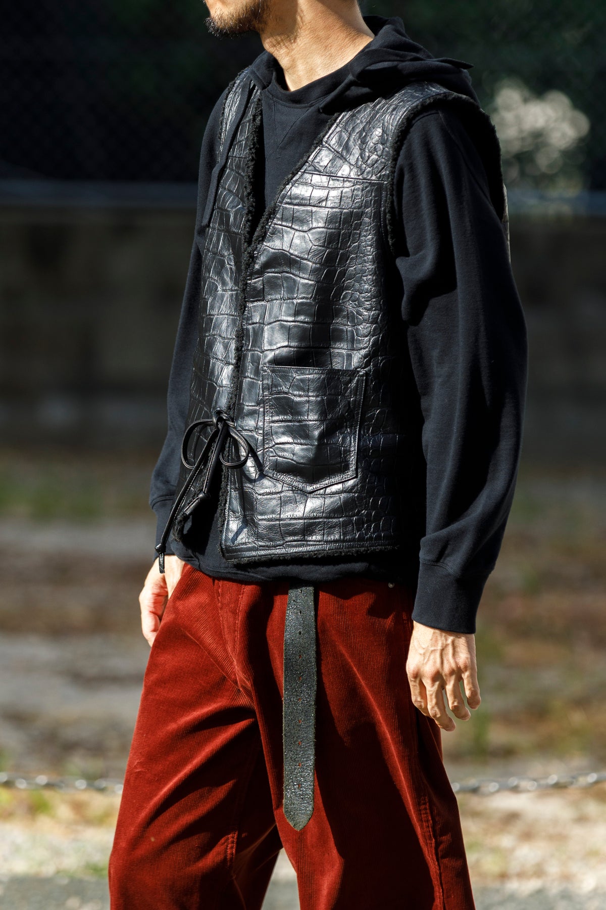 Willow Pants / P-033 COW LEATHER × FAKE MOUTON - Black