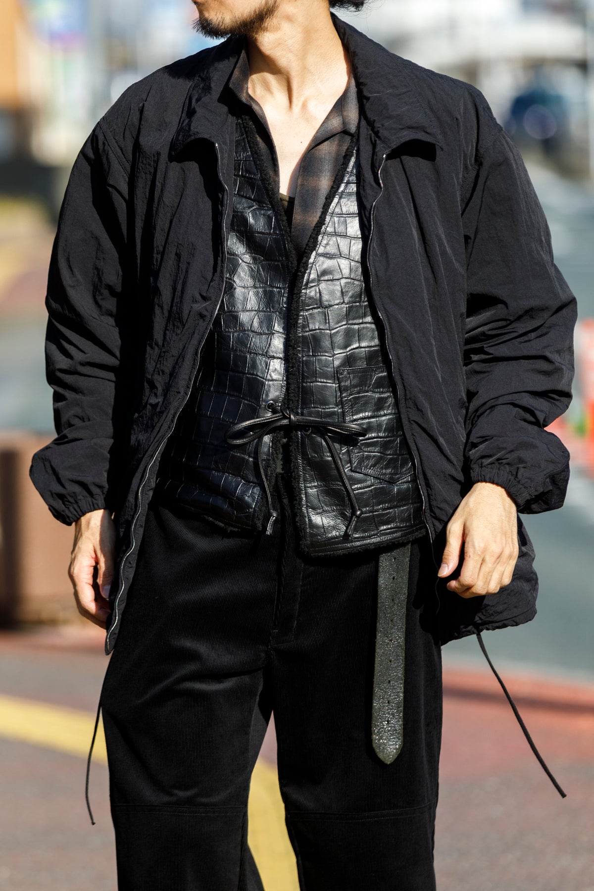 Willow Pants / P-033 COW LEATHER × FAKE MOUTON - Black